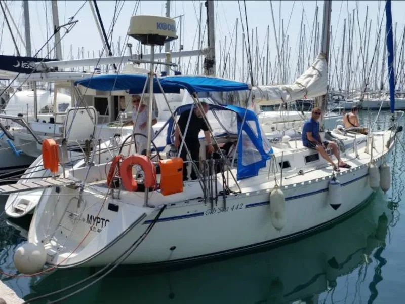 Exterior view of Myrto, a Dufour Gib Sea 442 sailboat at Athens, Greece