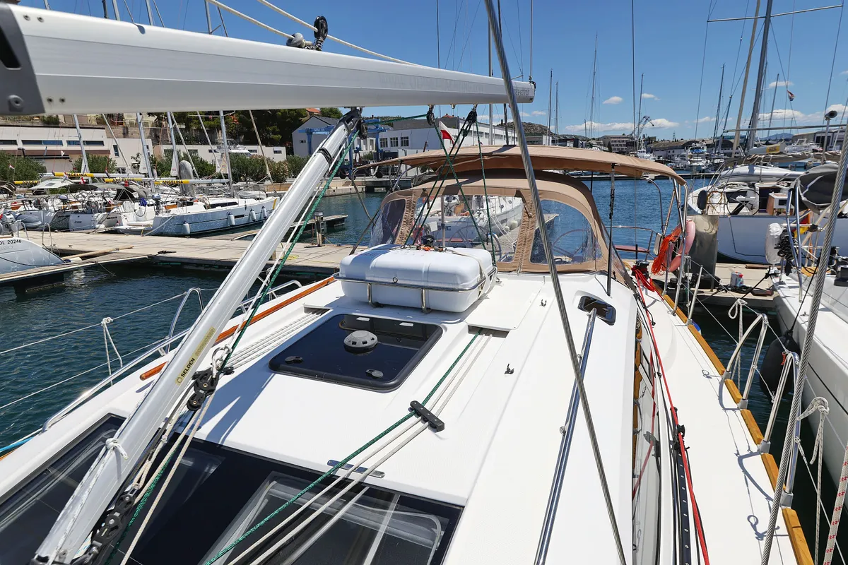 Exterior view of Ibiss, a Elan Impression 45 sailboat at Grad Šibenik, Croatia