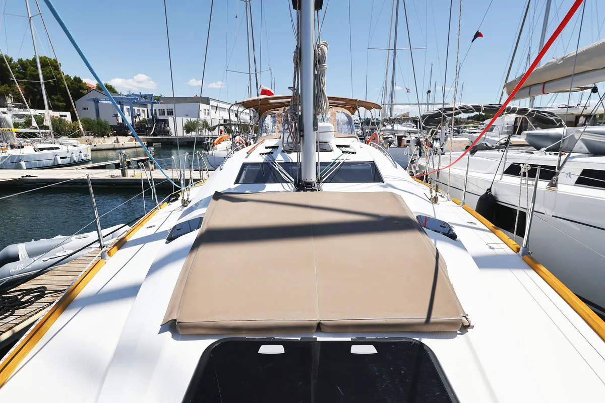 Deck of Ibiss, a Elan Impression 45 sailboat at Grad Šibenik, Croatia
