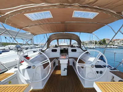 Cockpit of Ibiss, a Elan Impression 45 sailboat at Grad Šibenik, Croatia
