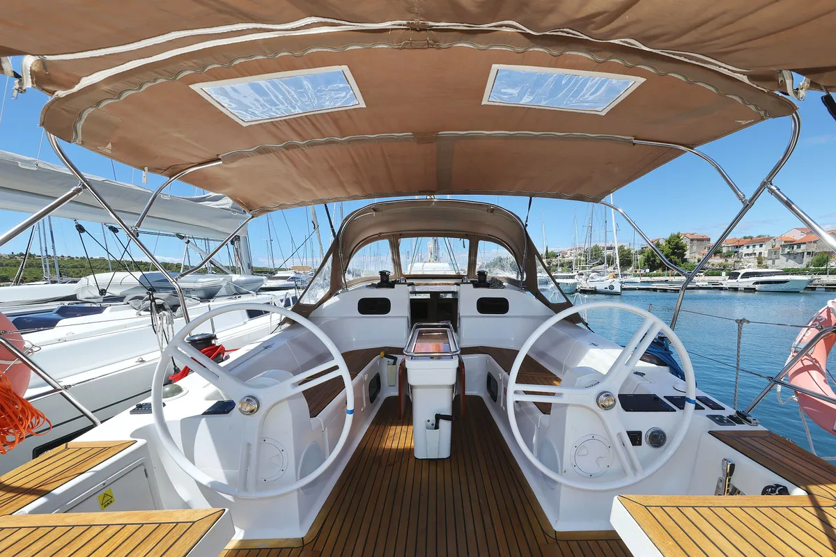 Cockpit of Ibiss, a Elan Impression 45 sailboat at Grad Šibenik, Croatia