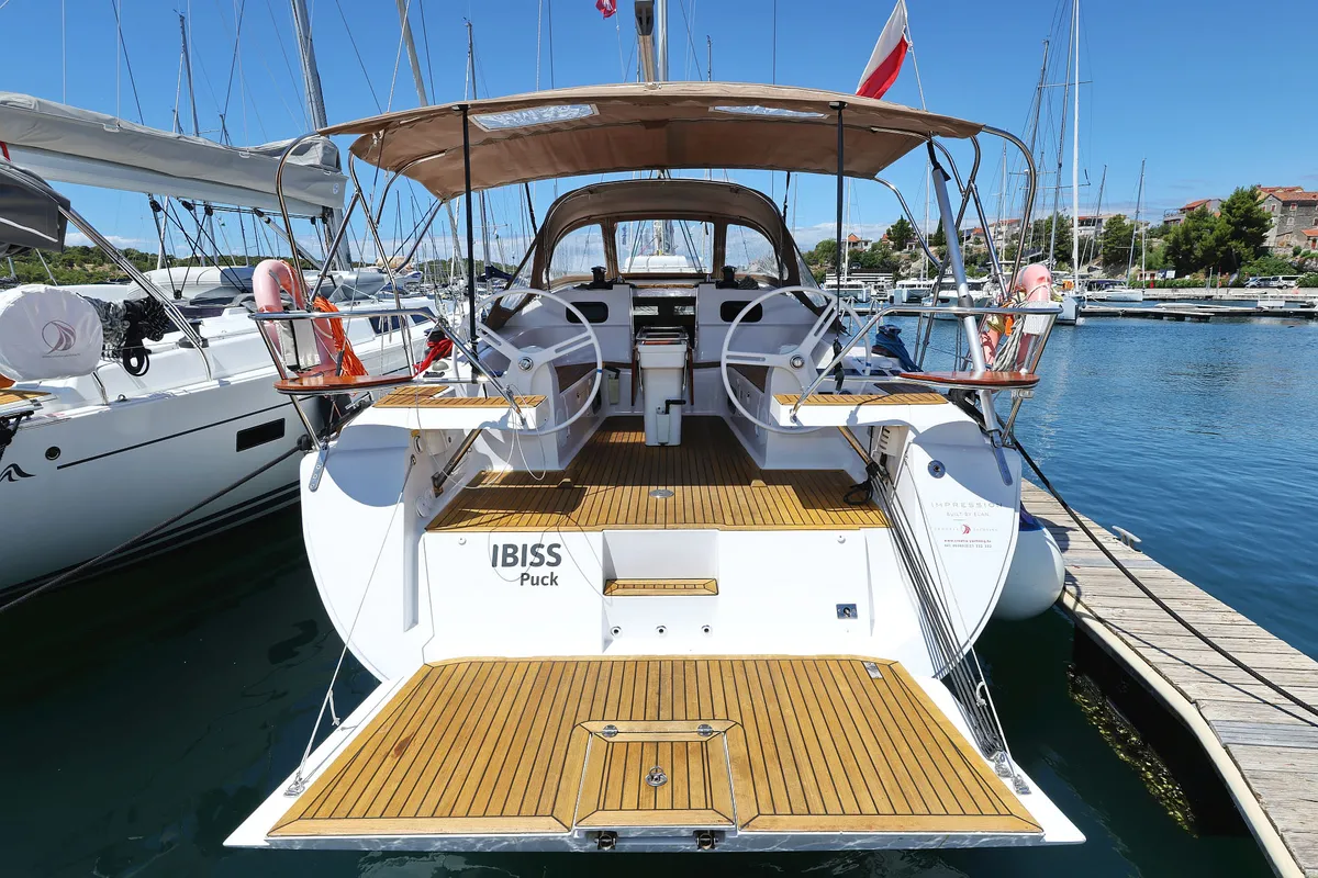 Exterior view of Ibiss, a Elan Impression 45 sailboat at Grad Šibenik, Croatia