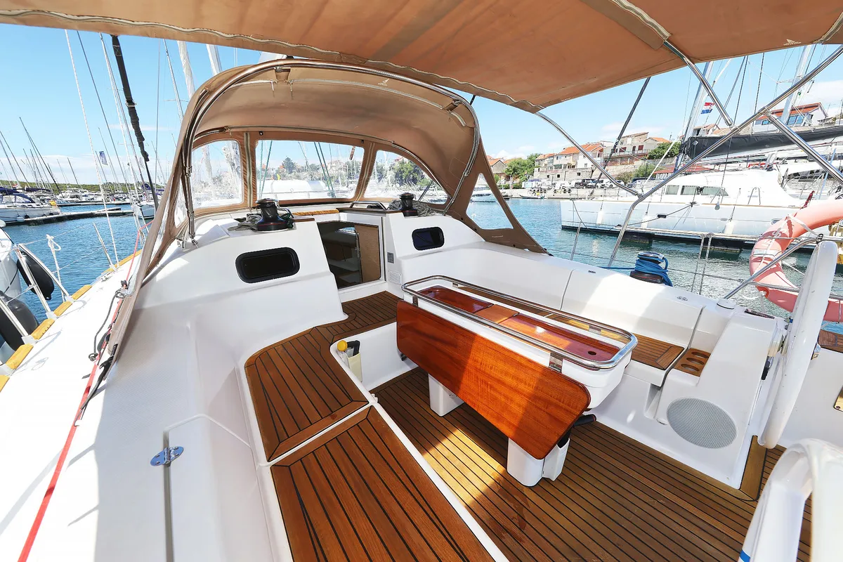Deck of Ibiss, a Elan Impression 45 sailboat at Grad Šibenik, Croatia