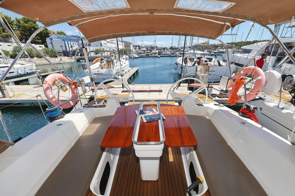 Deck of Ibiss, a Elan Impression 45 sailboat at Grad Šibenik, Croatia