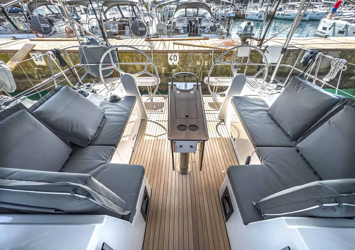 Cockpit of Livia, a Bavaria C42 sailboat at Grad Pula, Croatia