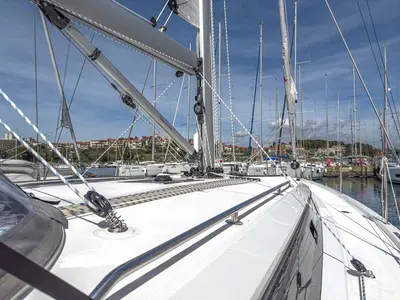 Deck of Livia, a Bavaria C42 sailboat at Grad Pula, Croatia