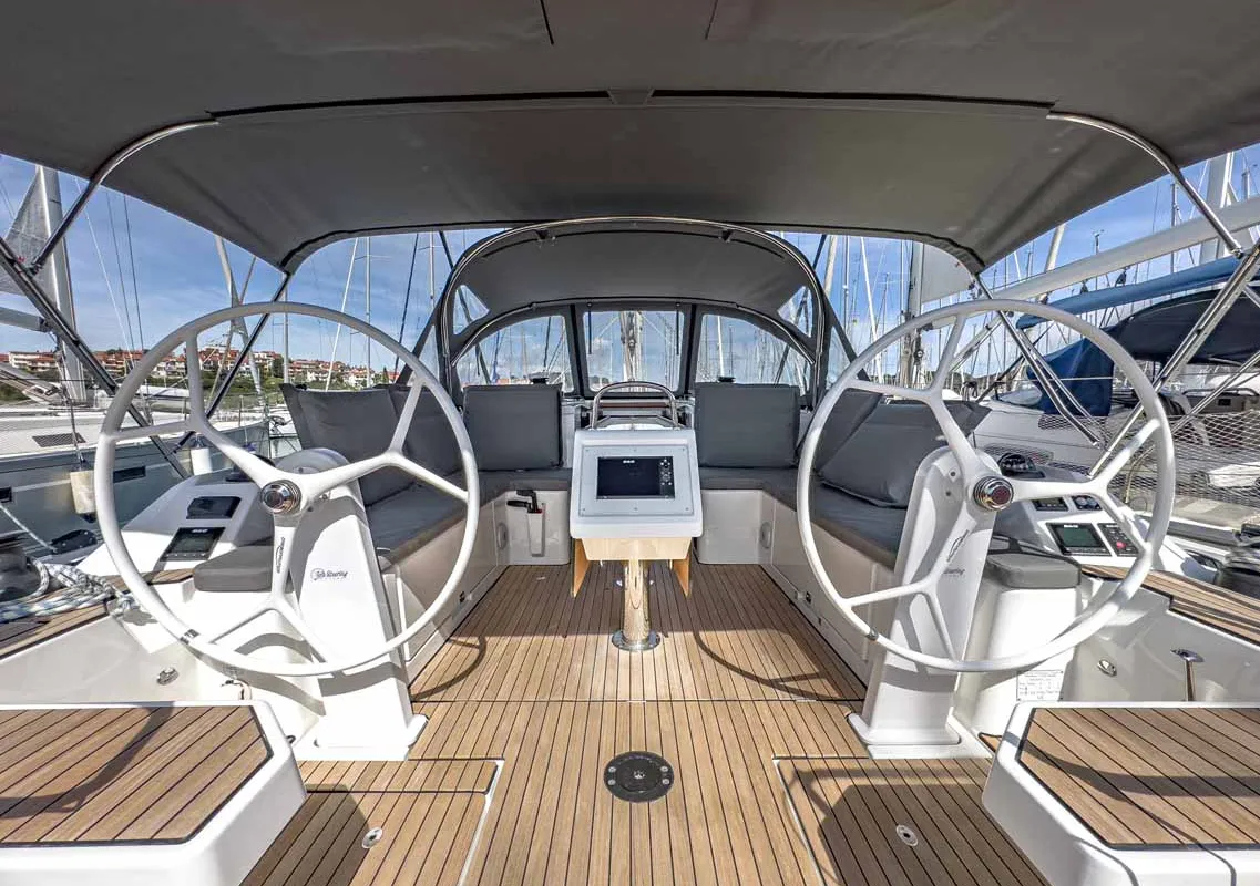Cockpit of Livia, a Bavaria C42 sailboat at Grad Pula, Croatia
