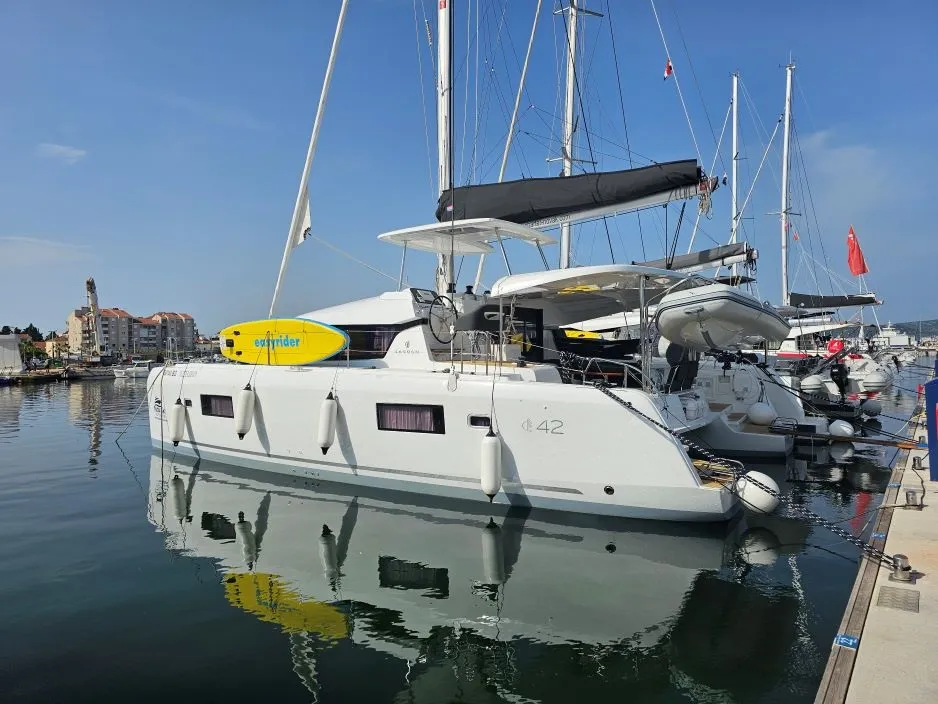 Exterior view of Azzuro, a Lagoon 42 catamaran at Grad Biograd na Moru, Croatia