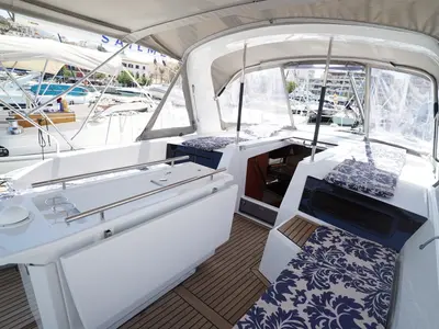 Deck of Kismee, a Beneteau Oceanis 46.1 sailboat at Ibiza, Spain
