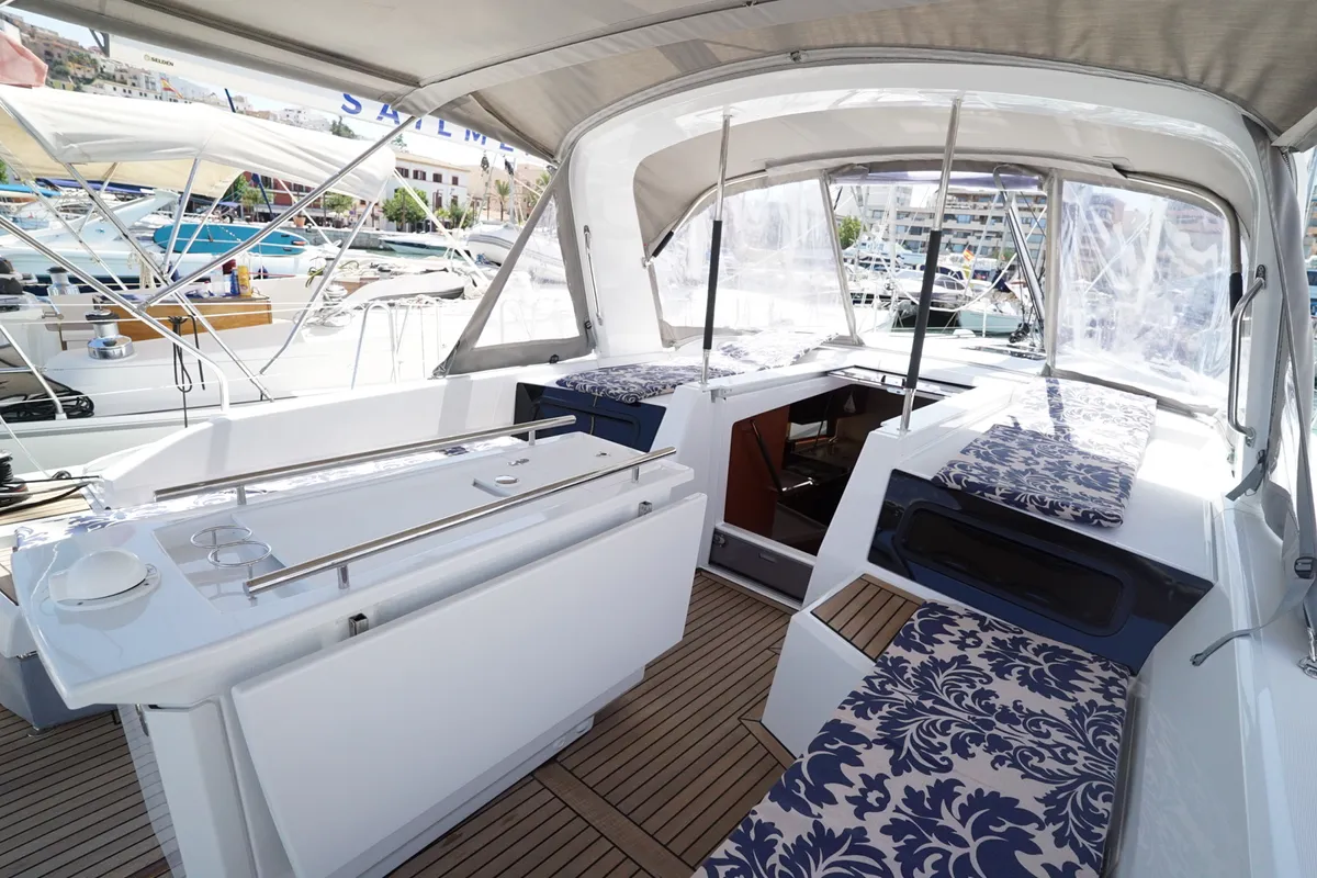 Deck of Kismee, a Beneteau Oceanis 46.1 sailboat at Ibiza, Spain