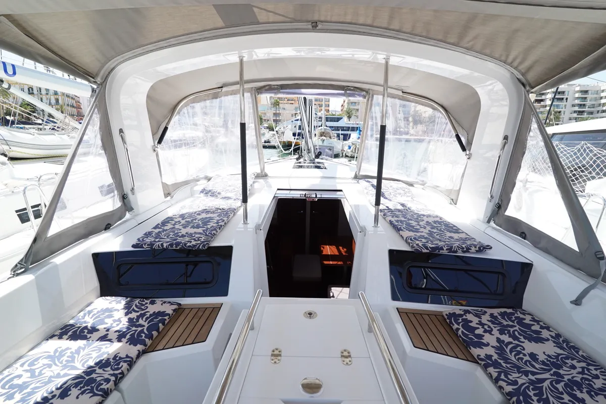 Deck of Kismee, a Beneteau Oceanis 46.1 sailboat at Ibiza, Spain