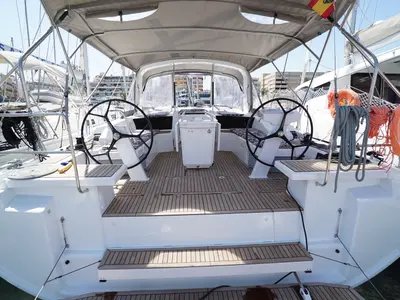 Cockpit of Kismee, a Beneteau Oceanis 46.1 sailboat at Ibiza, Spain