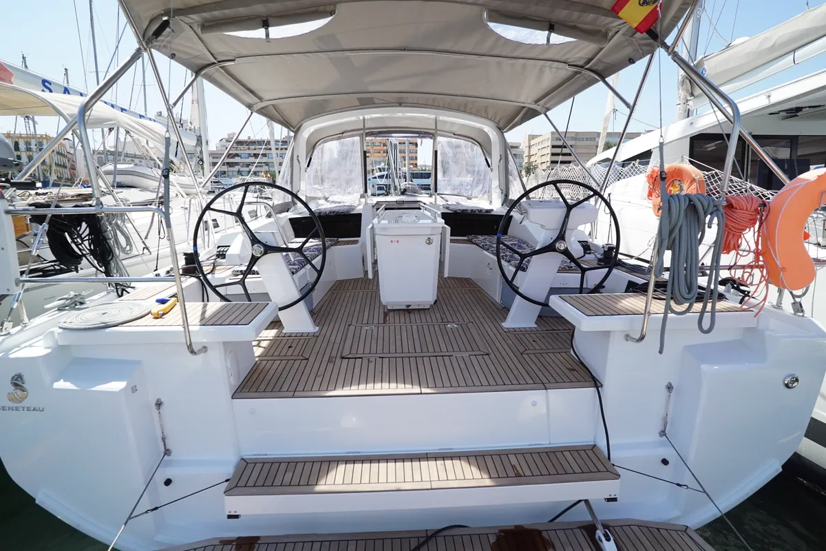 Cockpit of Kismee, a Beneteau Oceanis 46.1 sailboat at Ibiza, Spain
