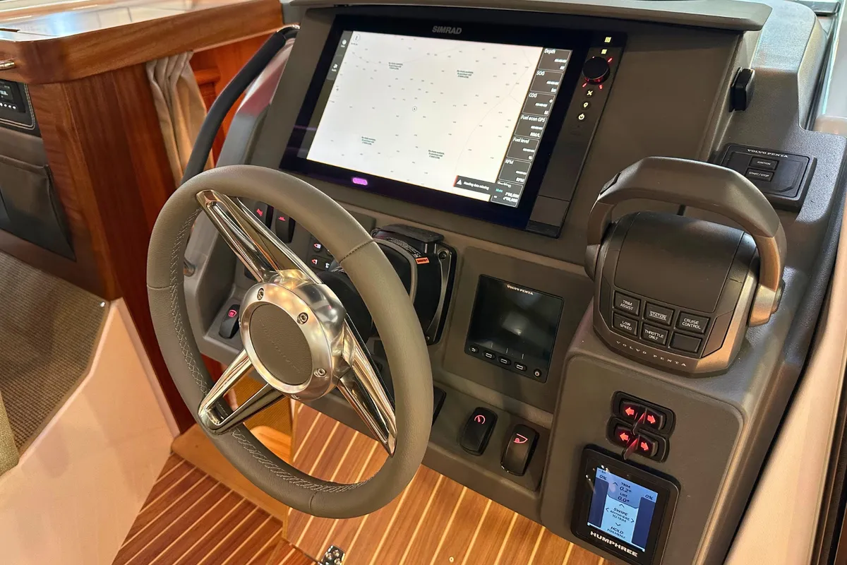 Cockpit of DALMATIA, a Nimbus 305 Coupe motorboat at Split, Croatia