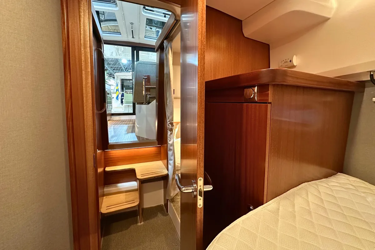 Cabin on DALMATIA, a Nimbus 305 Coupe motorboat at Split, Croatia