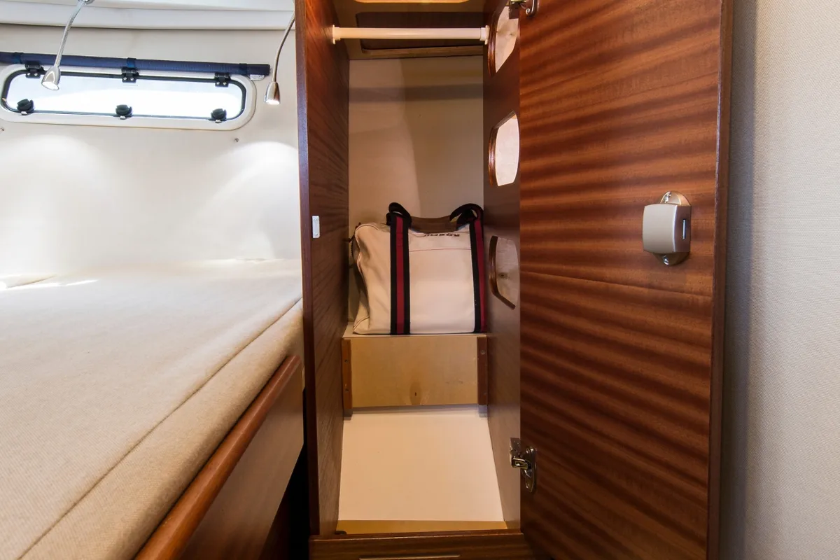 Cabin on DALMATIA, a Nimbus 305 Coupe motorboat at Split, Croatia