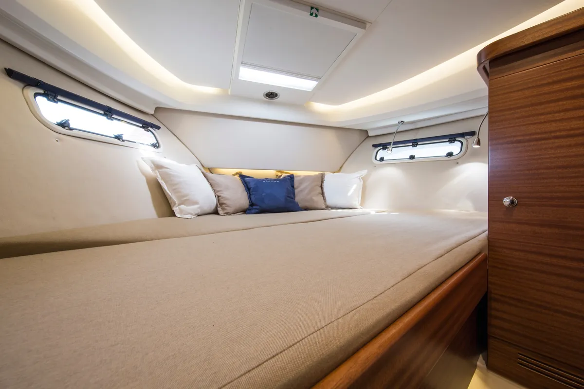 Cabin on DALMATIA, a Nimbus 305 Coupe motorboat at Split, Croatia