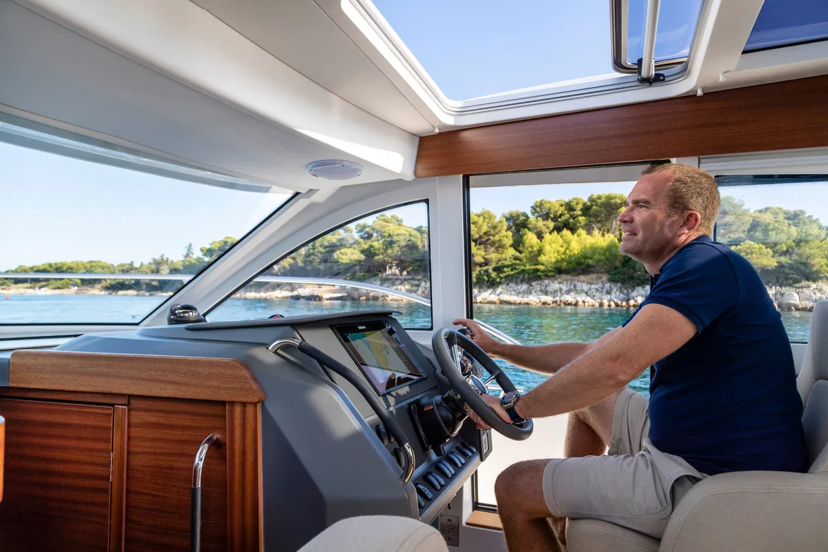 Cockpit of DALMATIA, a Nimbus 305 Coupe motorboat at Split, Croatia