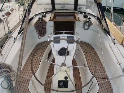 Cockpit of Athina, a Bavaria 32 Cruiser sailboat at Preveza, Greece