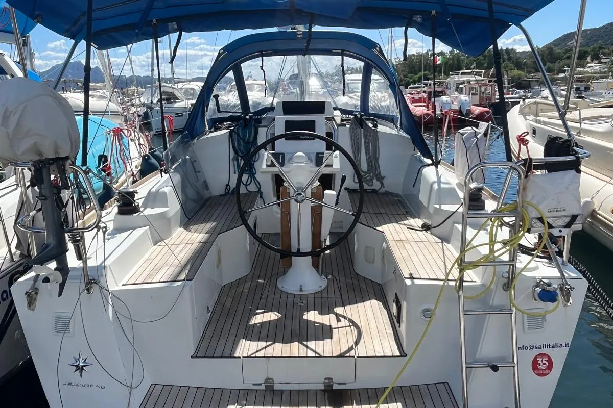 Cockpit of Lazzarone, a Jeanneau Sun Odyssey 319 sailboat at Cannigione, Italy