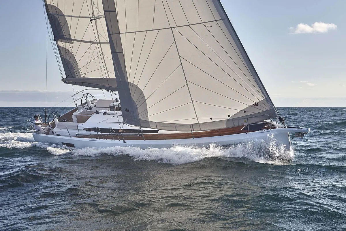 Exterior view of Lazzarone, a Jeanneau Sun Odyssey 319 sailboat at Cannigione, Italy