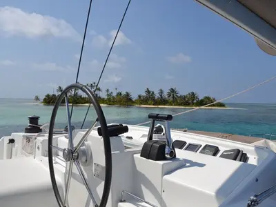 Cockpit of Vip One, a Lagoon 500 catamaran at Narganá, Panama