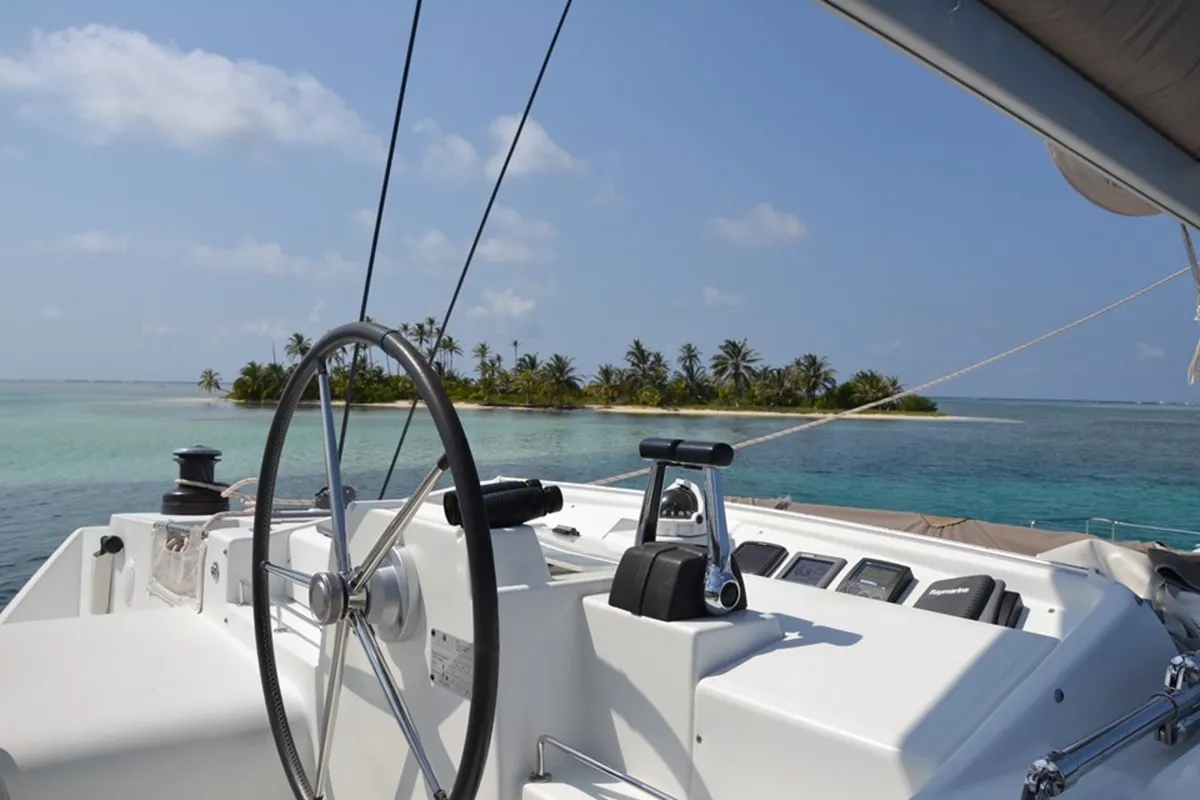 Cockpit of Vip One, a Lagoon 500 catamaran at Narganá, Panama