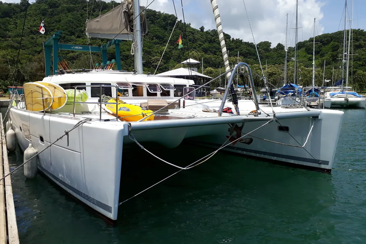 Exterior view of Vip One, a Lagoon 500 catamaran at Narganá, Panama