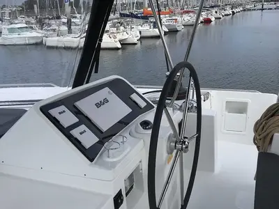 Cockpit of Zil Seashell, a Lagoon 450 F catamaran at Roche Caiman, Seychelles