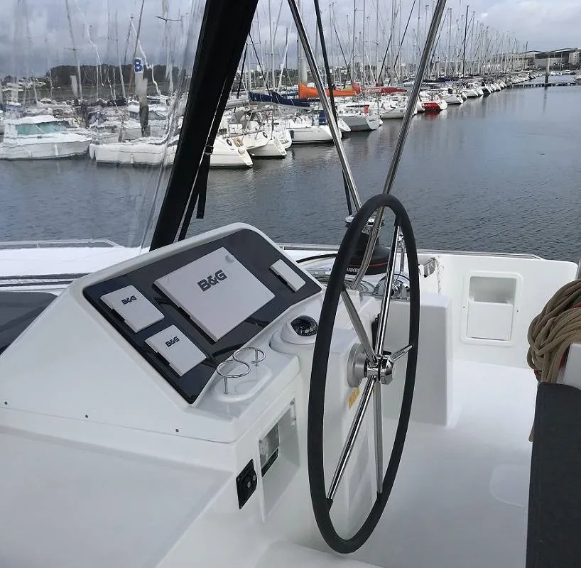 Cockpit of Zil Seashell, a Lagoon 450 F catamaran at Roche Caiman, Seychelles