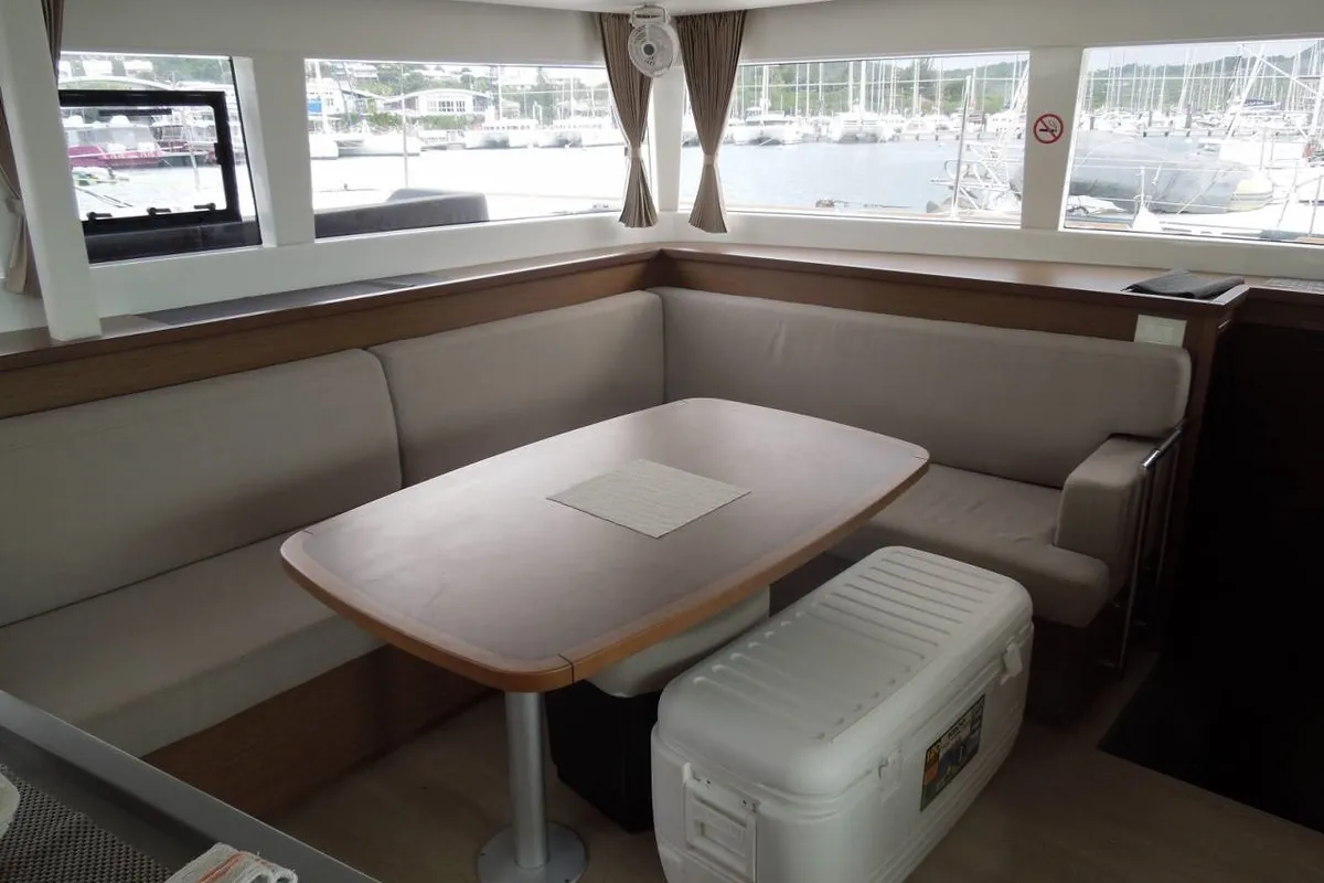 Salon of Zil Seashell, a Lagoon 450 F catamaran at Roche Caiman, Seychelles