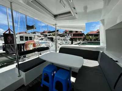 Deck of Zil Seashell, a Lagoon 450 F catamaran at Roche Caiman, Seychelles