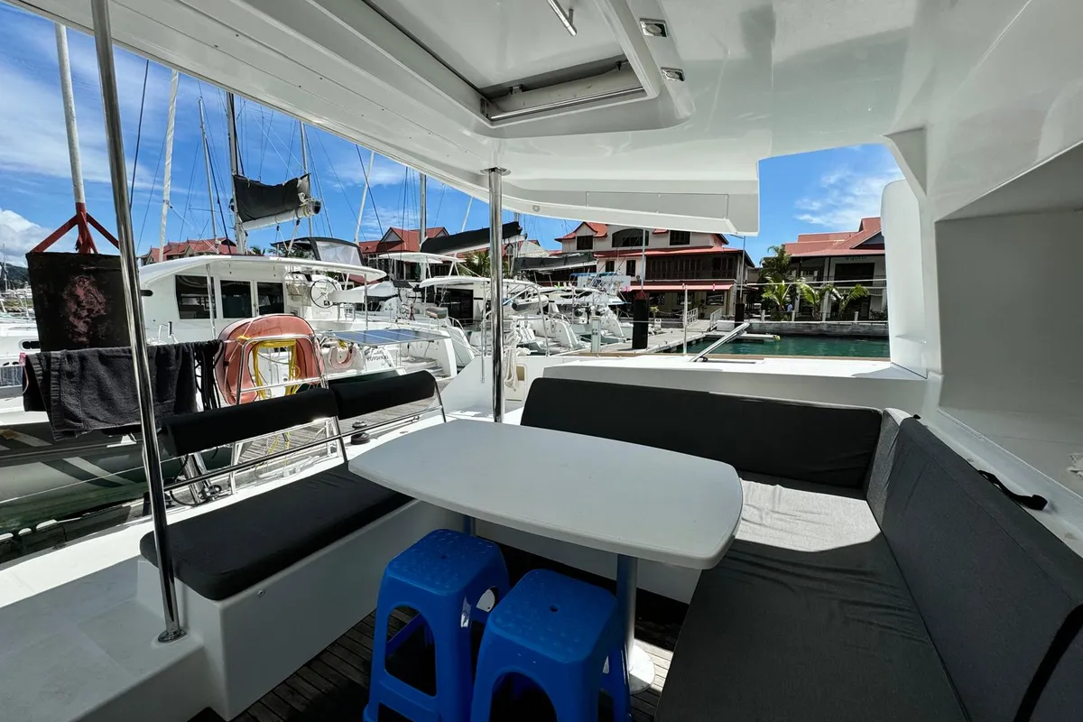 Deck of Zil Seashell, a Lagoon 450 F catamaran at Roche Caiman, Seychelles