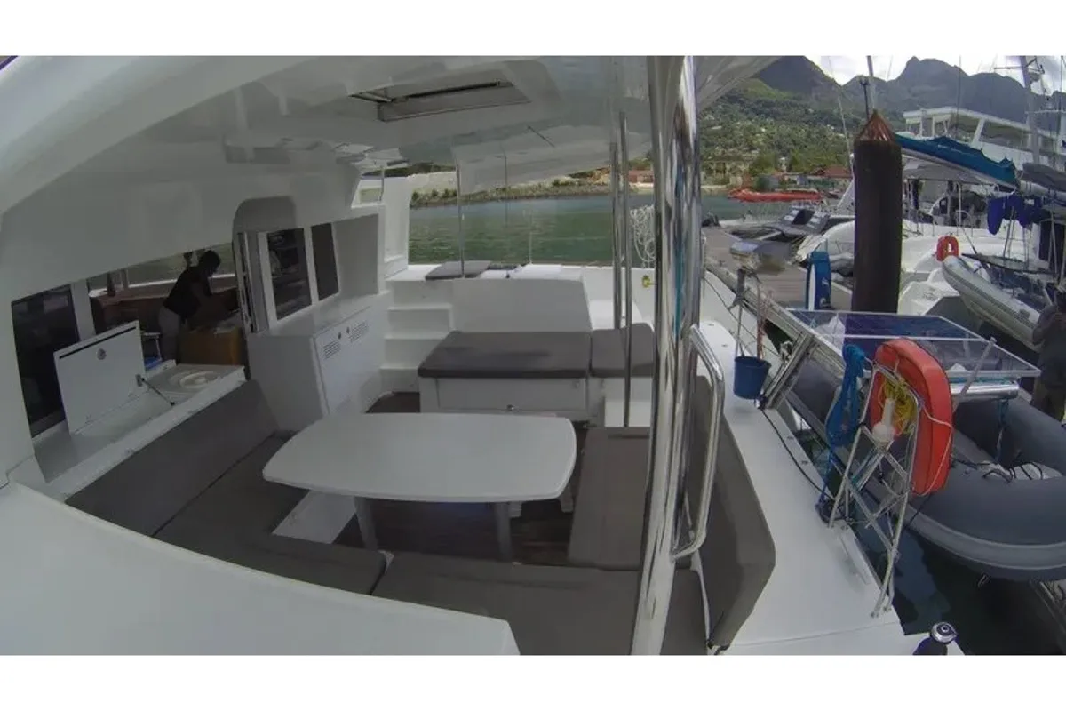 Deck of Zil Seashell, a Lagoon 450 F catamaran at Roche Caiman, Seychelles