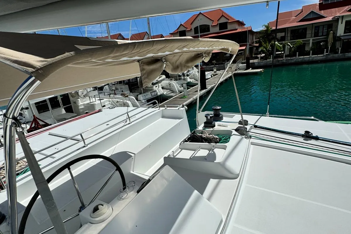 Cockpit of Zil Seashell, a Lagoon 450 F catamaran at Roche Caiman, Seychelles