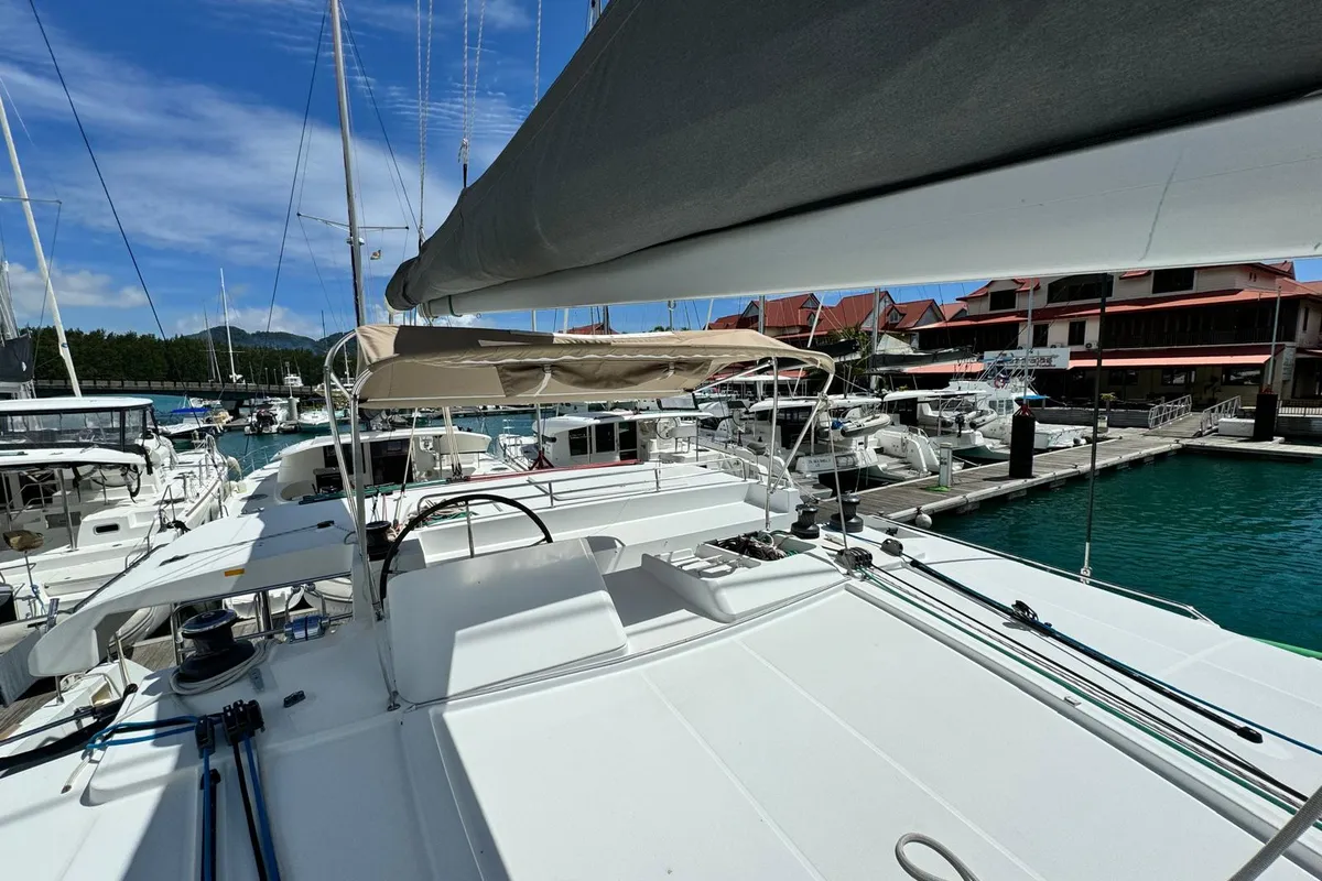 Cockpit of Zil Seashell, a Lagoon 450 F catamaran at Roche Caiman, Seychelles