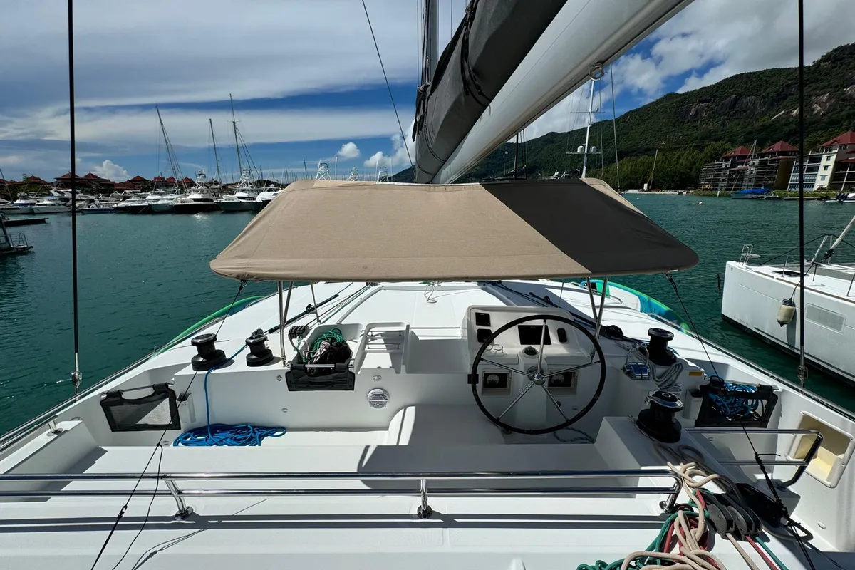 Cockpit of Zil Seashell, a Lagoon 450 F catamaran at Roche Caiman, Seychelles