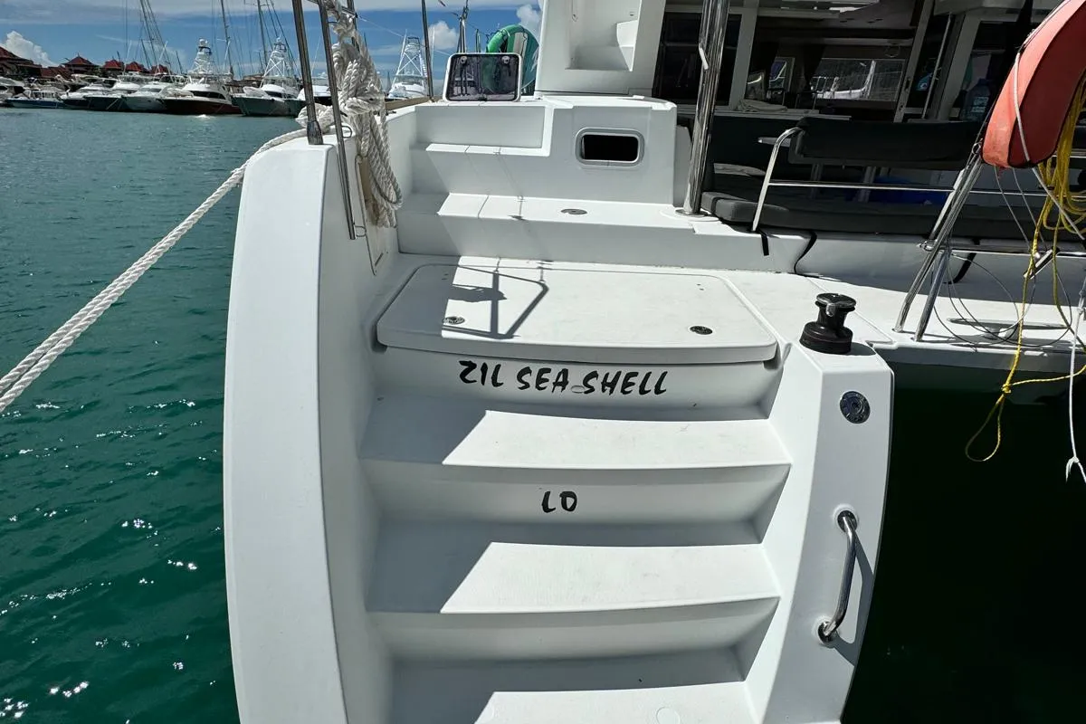 Deck of Zil Seashell, a Lagoon 450 F catamaran at Roche Caiman, Seychelles