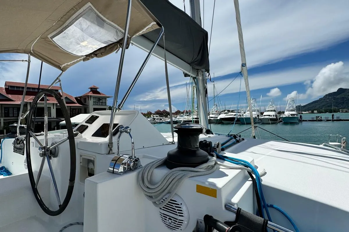 Cockpit of Zil Seashell, a Lagoon 450 F catamaran at Roche Caiman, Seychelles