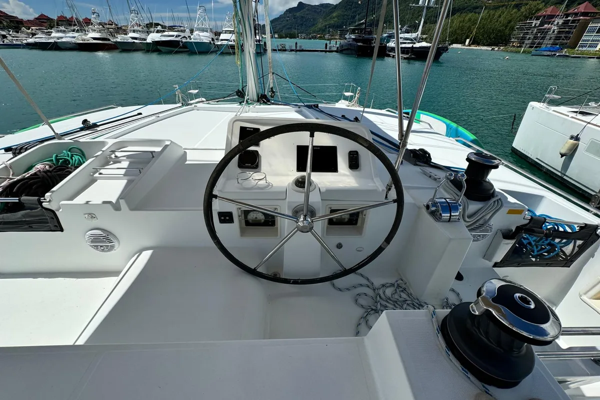 Cockpit of Zil Seashell, a Lagoon 450 F catamaran at Roche Caiman, Seychelles