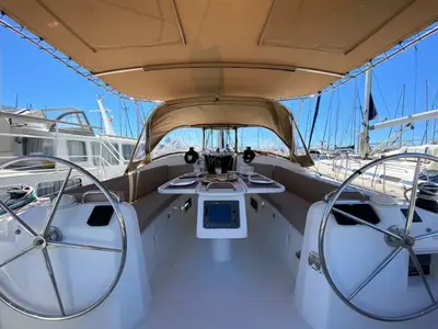 Cockpit of ORION XI, a Beneteau Cyclades 43.3 sailboat at Volos, Greece