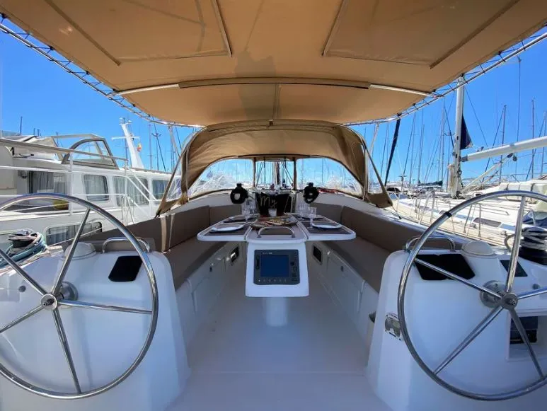 Cockpit of ORION XI, a Beneteau Cyclades 43.3 sailboat at Volos, Greece