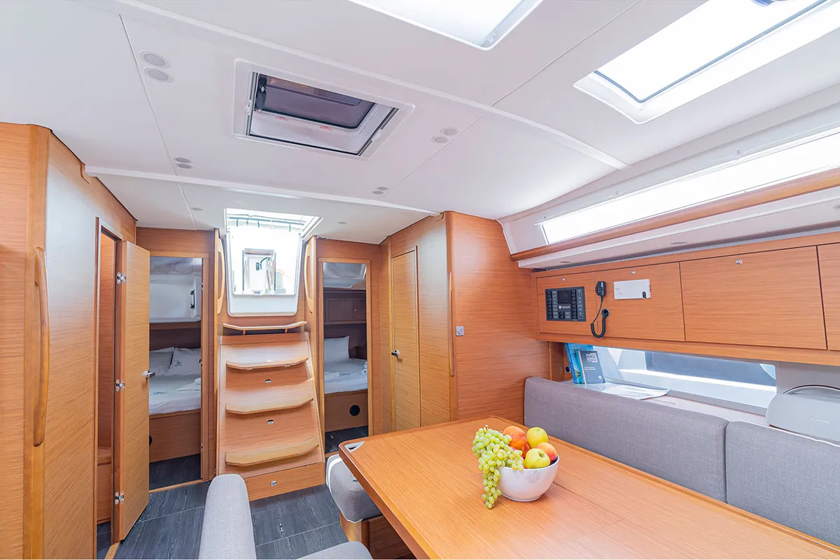 Salon of Deniz Derin, a Dufour 470 sailboat at Fethiye, Turkey