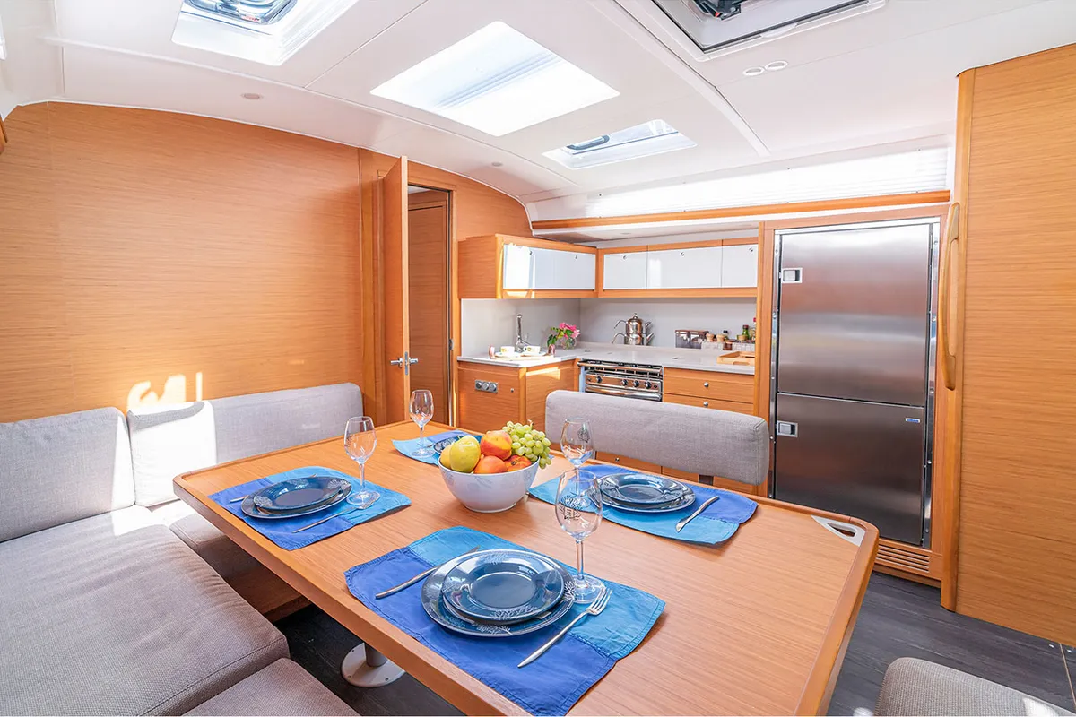 Salon of Deniz Derin, a Dufour 470 sailboat at Fethiye, Turkey