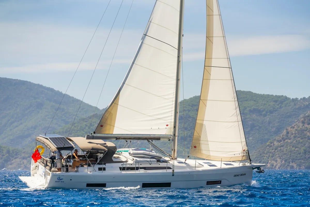 Exterior view of Deniz Derin, a Dufour 470 sailboat at Fethiye, Turkey