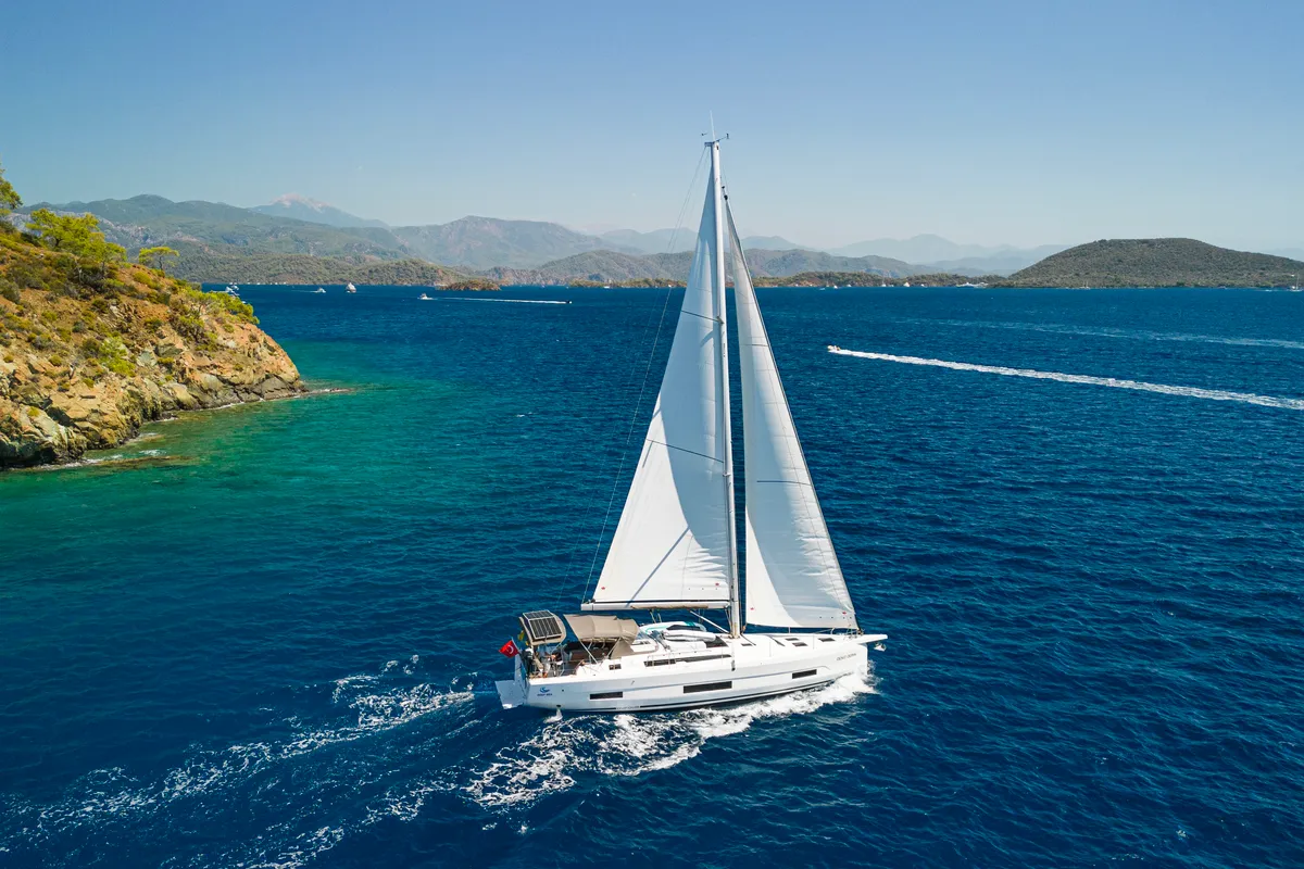 Exterior view of Deniz Derin, a Dufour 470 sailboat at Fethiye, Turkey