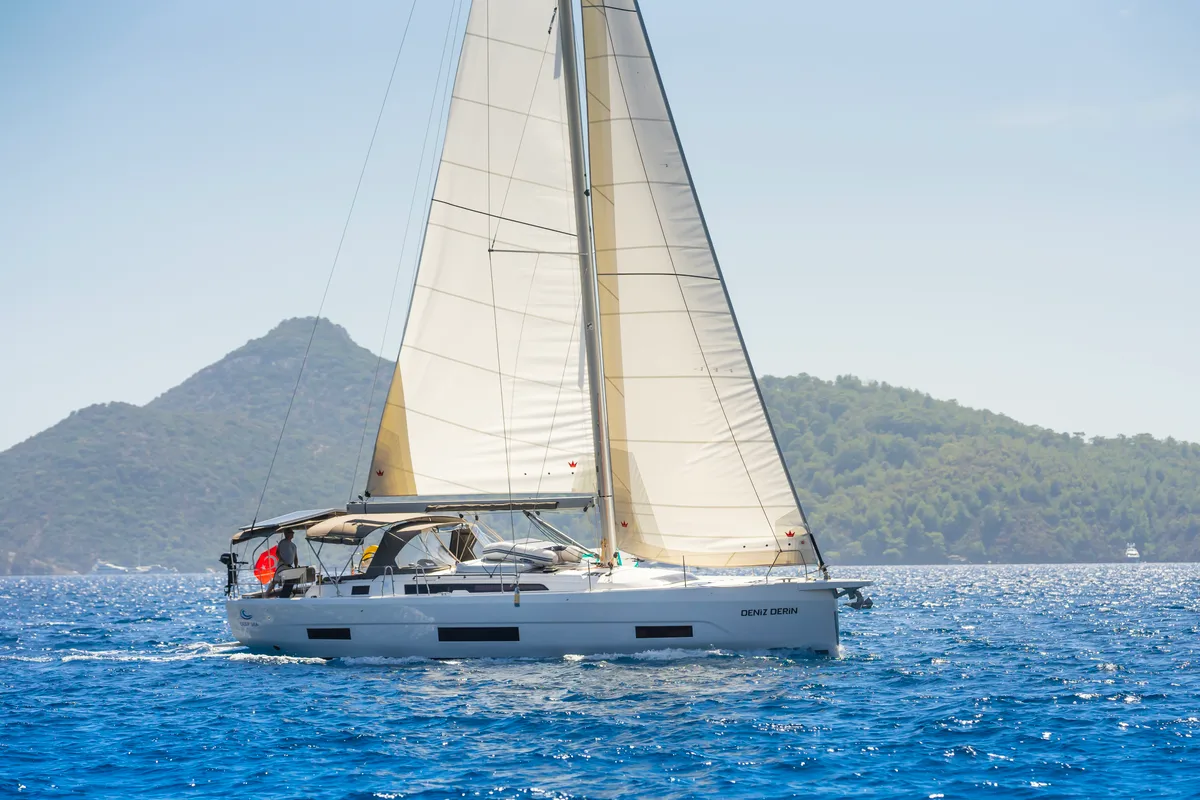 Exterior view of Deniz Derin, a Dufour 470 sailboat at Fethiye, Turkey