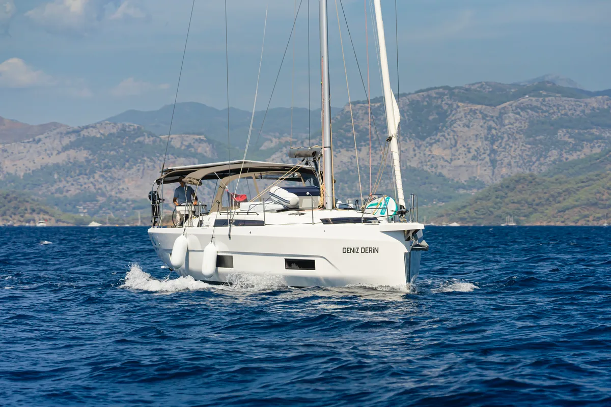 Exterior view of Deniz Derin, a Dufour 470 sailboat at Fethiye, Turkey