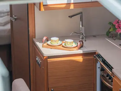 Galley of Deniz Derin, a Dufour 470 sailboat at Fethiye, Turkey