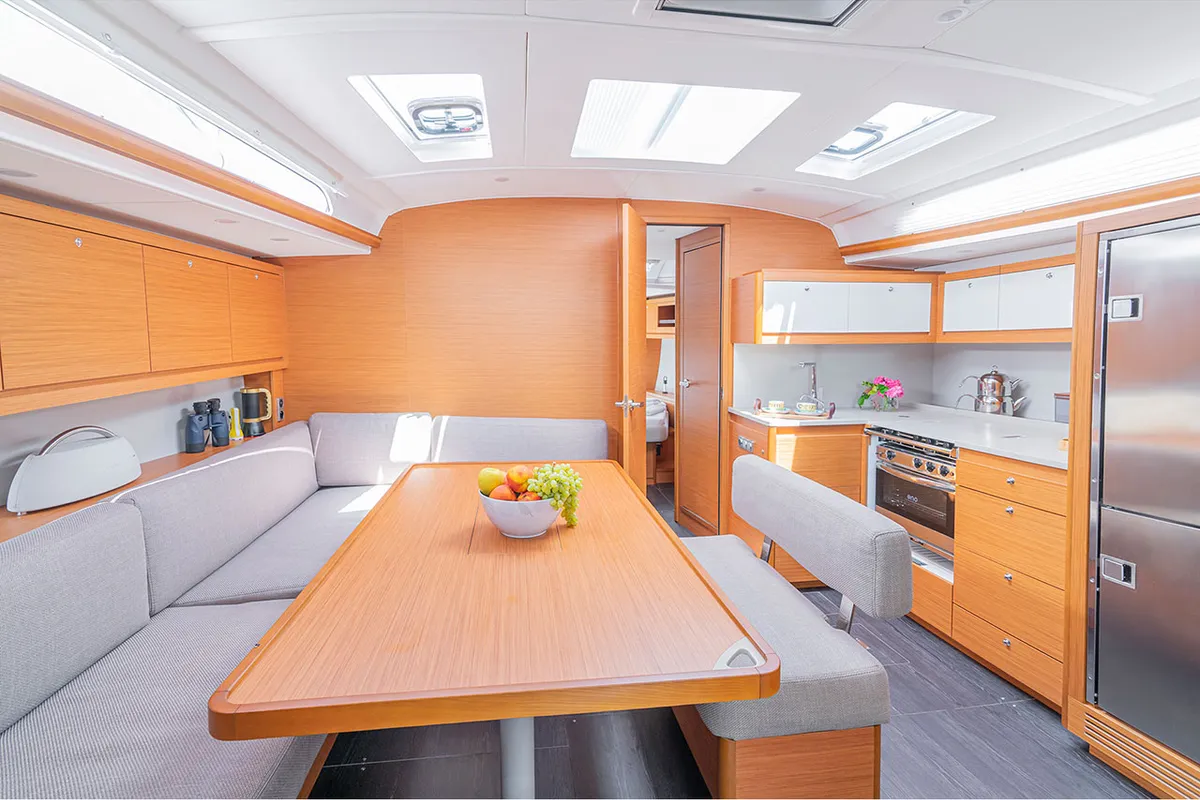 Salon of Deniz Derin, a Dufour 470 sailboat at Fethiye, Turkey